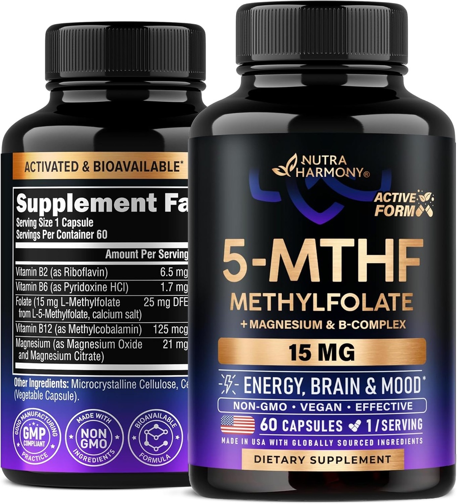 NOTRAHARMONY L Metylfolan 15 mg - 5- MTHF Metylfolan Suplement Plus Metyl B12, Witaminy B2 & B6, Magnez - Wyprodukowane w USA, 60 Kapsułek na 2 Miesiące
