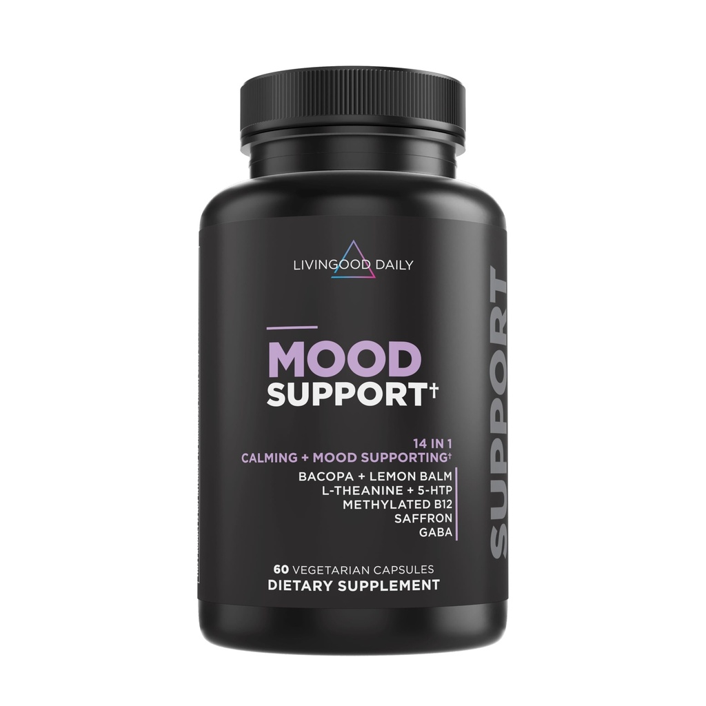 Livingood Daily Mood Supplement for Women & Men, 14- in-1 Formuła z L Theanine, Lemon Balm, GABA, Saffron, 5- HTP & B12, Wsparcie Focus & Emotional Wellness, Gluten Free, Wegan, 60 Kapsułki