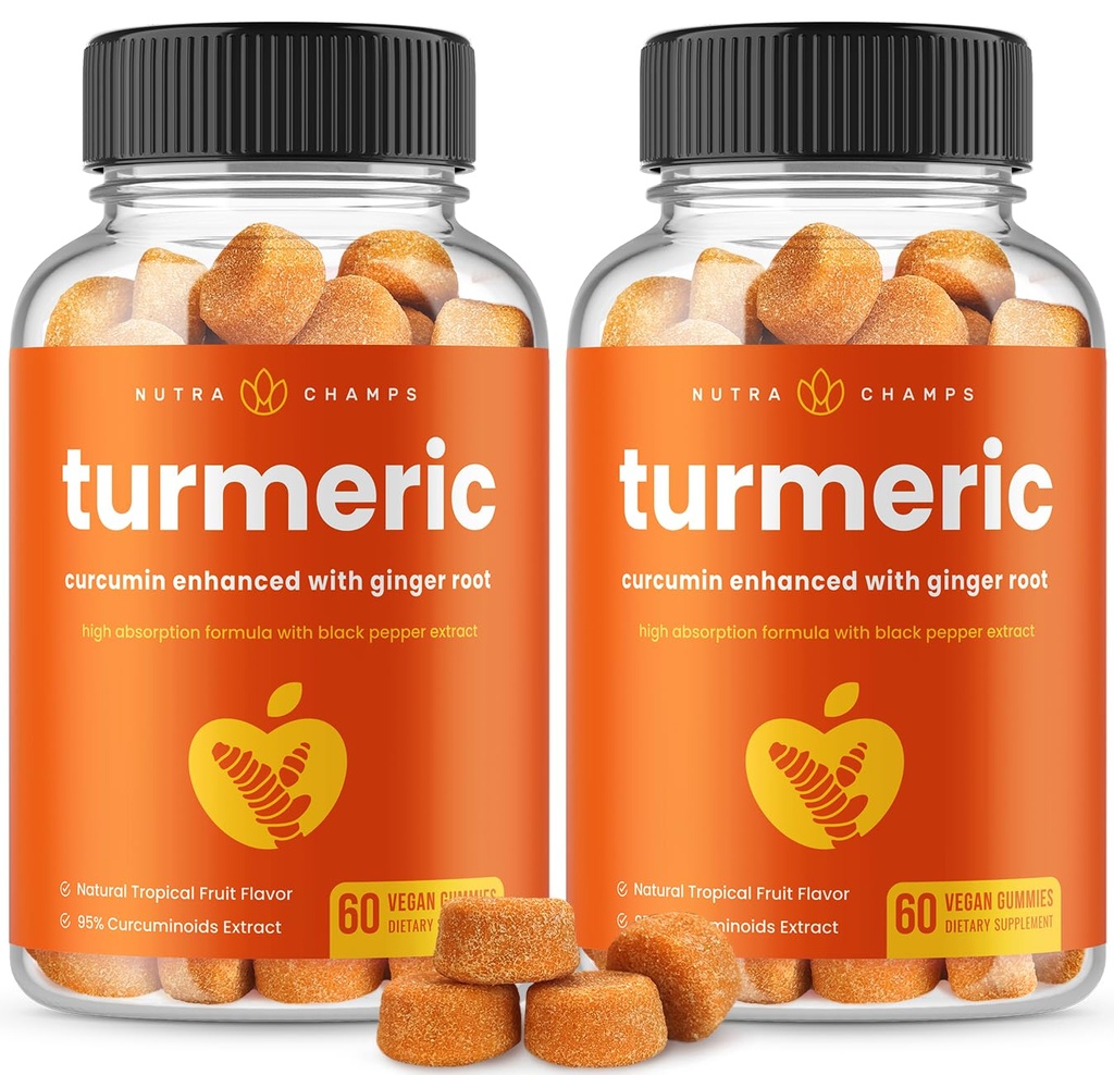 Turmerowe gumki dla dorosłych i dzieci z Ginger & Black Pepper Extract 124; 95% Kurkuminoidy 124; Wegan Natural Curcumin Joint Support 124; 120 Tumeryczne Gumy Suplementy (2- Pack)