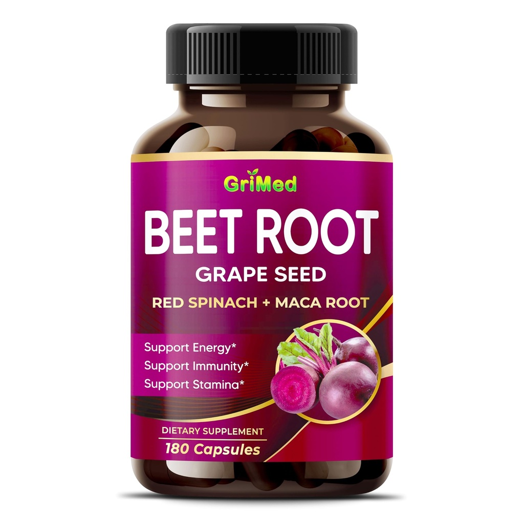 GriMed Burak korzeń z ekstraktem z nasion winorośli, Maca Root, Red Spinach & Ashwagandha - 180 Kapsułki warzyw