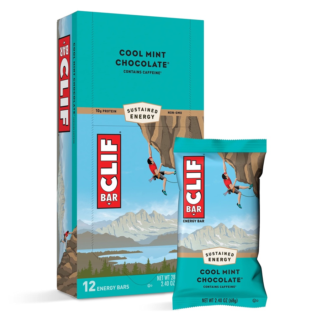 CLIF BARS - Bary energetyczne - Cool Mint Chocolate - Z kofeiną - Made with Organic Oats - Plant Based Food - Wegetarianin - Kosher (2.4 Ounce Protein Bars, 12 Count) Packaging May Vary