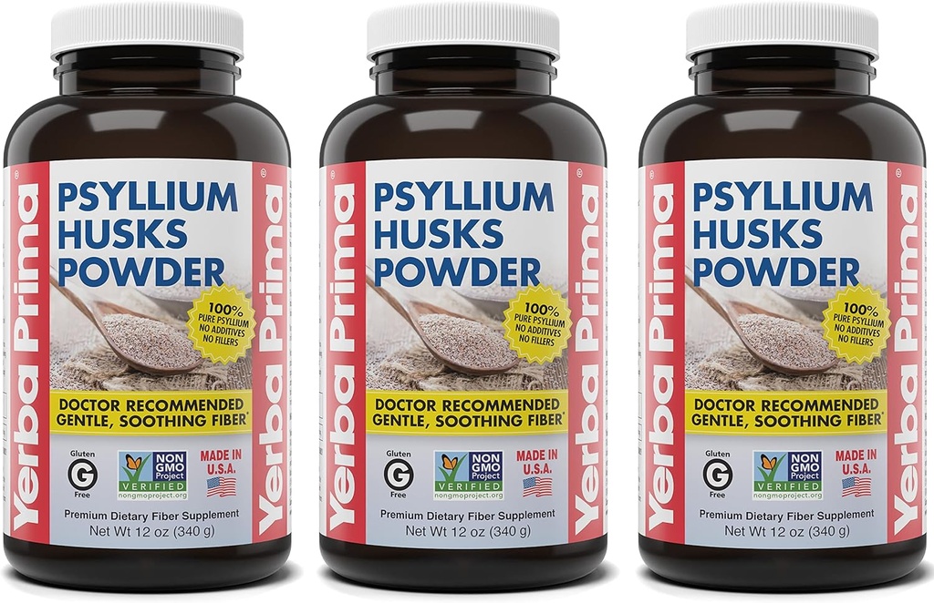 Yerba Prima Pyllium Husks Powder - 12 oz (Opakowanie 3) - Naturalny suplement do włókien - Colon Cleansing - Vegan, Non-GMO, Gluten- Free (Nowa etykieta - Opakowania maja Vary)