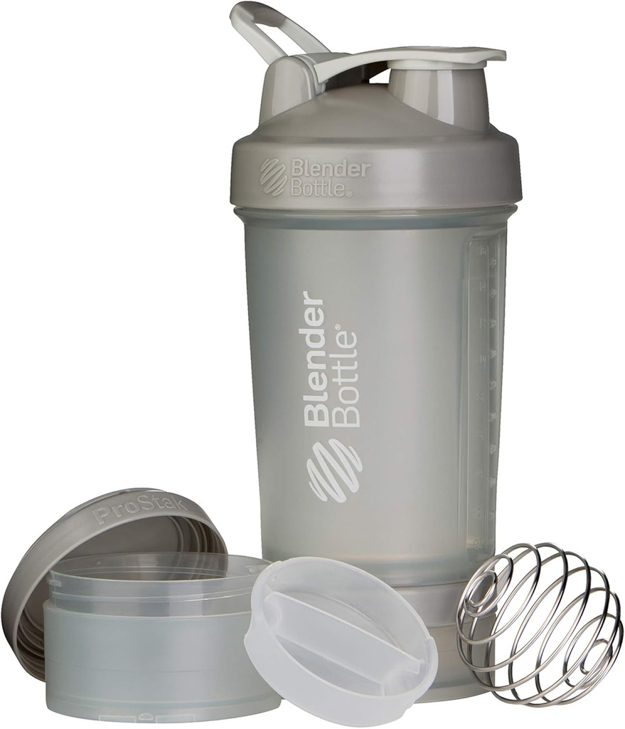 BlenderBottle Shaker Butelka z Pill Organizer and Storage for Protein Powder ProStak System, 22- Ounce, Pebble Grey