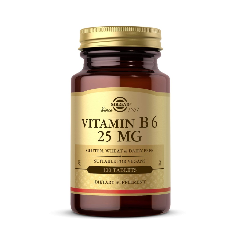 Solgar Witamina B6 25 mg, 100 Tabletki - Wspiera Energię Metabolizm, Heart Health & Zdrowy system nerwowy - B Complex Supplement - Wegan, Gluten Free, Mleko Free, Kosher - 100 Służb