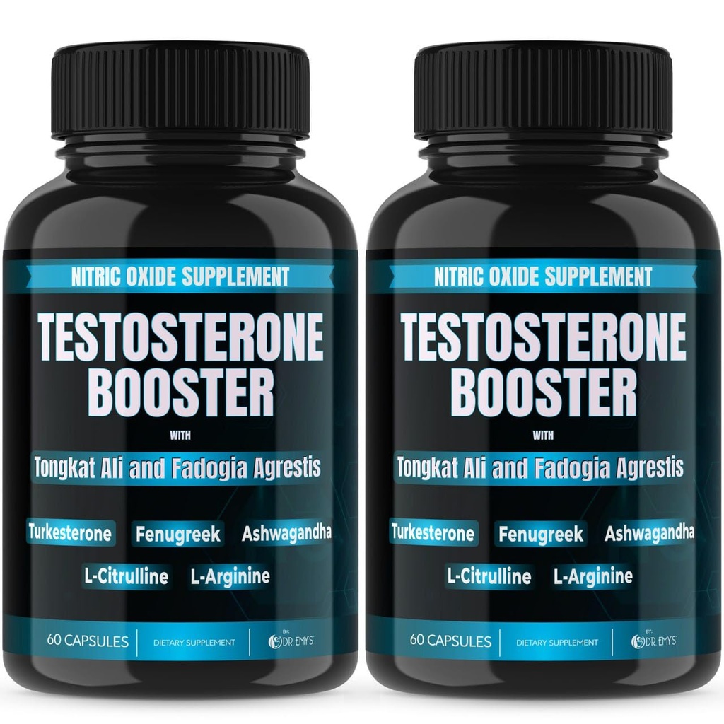 Dr. Emy 's (2 Pack Testosteron Booster - Tongkat Ali Fadogia Agrestis Nitric Oxide Ashwagandha Suplement dla mężczyzn z L Arginine Citruline Fenugreek - Turkesterone Pre Workout Pompa (120 kapsułki)
