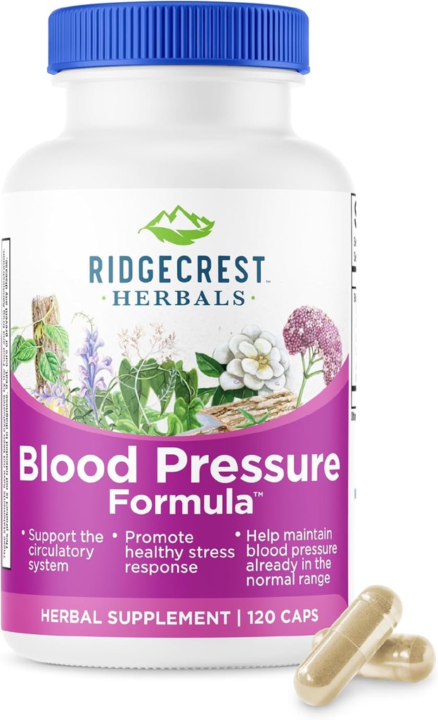 RidgeCrest Herbals Blood Pressure Herbal Formula, 12 Herbs, Poria Mushroom, Gastrodia, Gardenia, dla serca, naczyniowe, Circulation Health (120 Count)