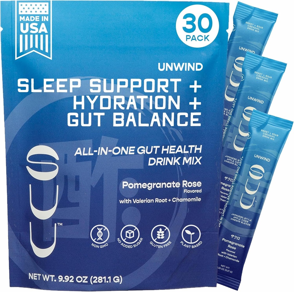 Unwind Gut Health Drink Mix 124; Jabłko Cydr Ocet Prebiotyczny, Probiotyka Digestive Health for Women & Men 124; Melatonin-Free, Valerian Root, Rumianek 124; Relaxation Sleep & Hydration Between 124; Promegranat Rose, 30 Służenie
