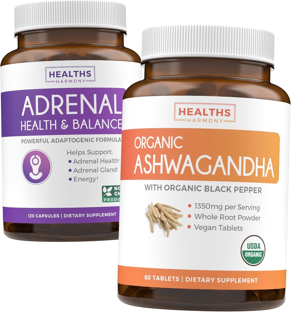 Adrenal & Ashwagandha (1- Month Supply) Calm & Energize Bundle - Wsparcie nadnerczy z L- Tyrosine (120 kapsułki) & USDA Organic Ashwagandha 1350mg Ashwagandha Root Powder per Serve (60 kapsułek)
