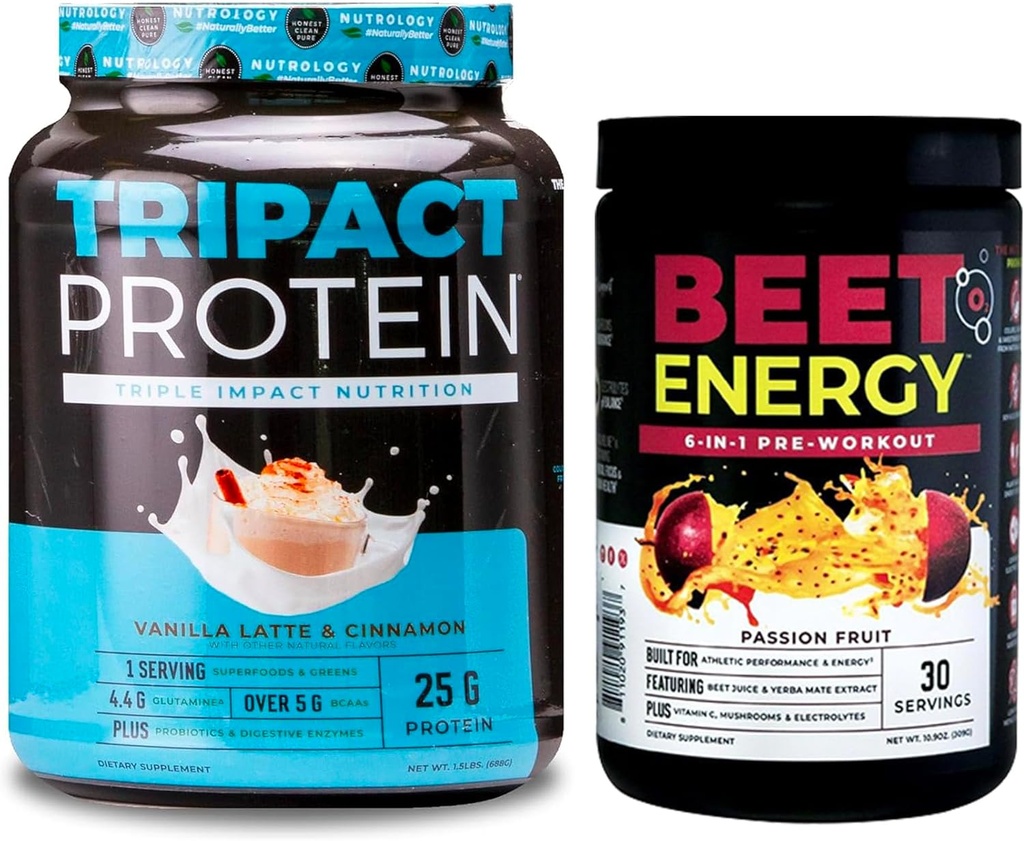 Nutrologia Buraki Natural O2, Proch przed treningiem, Passion Fruit Flavor (30 Servings) TRIPACT Protein Powder, 7- in-1 Meal Explacement Shake, Vanilla Latte Cynamon Flavor (20 Servings)
