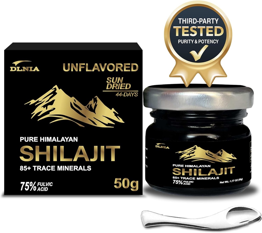 Autentyczny Shilajit Pure Himalayan Organic Shilajit Resin Suplement - Gold + Klasa 85 + Minerały z 75% kwasu Fulvic, Całkowita energia i wsparcie immunologiczne, Czysty Shilajit dla mężczyzn i kobiet, 50g
