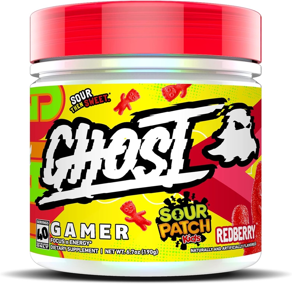 GHOST Gamer: Energy and Focus Support Formuła - 40 Służenia, Sour Patch Kids Redberry - Nootropics & Natural Cafeline for Uwaga, Dokładność i Czas reakcji - Wegan, Gluten- Free