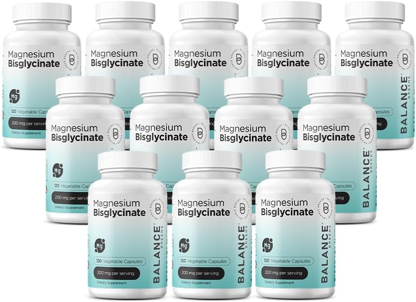 Magnezu Bisglicinate 200mg - Wysoka Absorpcja Chelatynowany Suplement Magnezu - Delikatny na żołądku, Bez glutenu, Wspomaga sen, Skurcze mięśni i pozytywny nastrój - 120 Kapsułek (Opakowanie 12)