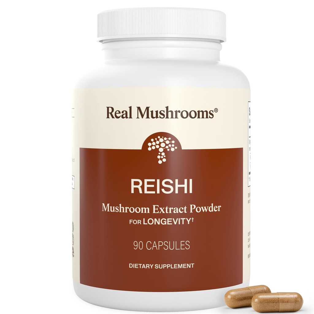 Real Mushrooms Reishi Mushrooms Kapsułki - Ręcznie dobrane Ekstrakty Organiczne Mushroomu - Red Reishi dla Tranquil Daily Wellness z weryfikowaną Beta Glucans Vegan, Non-GMO, No Grain Fillers, 90