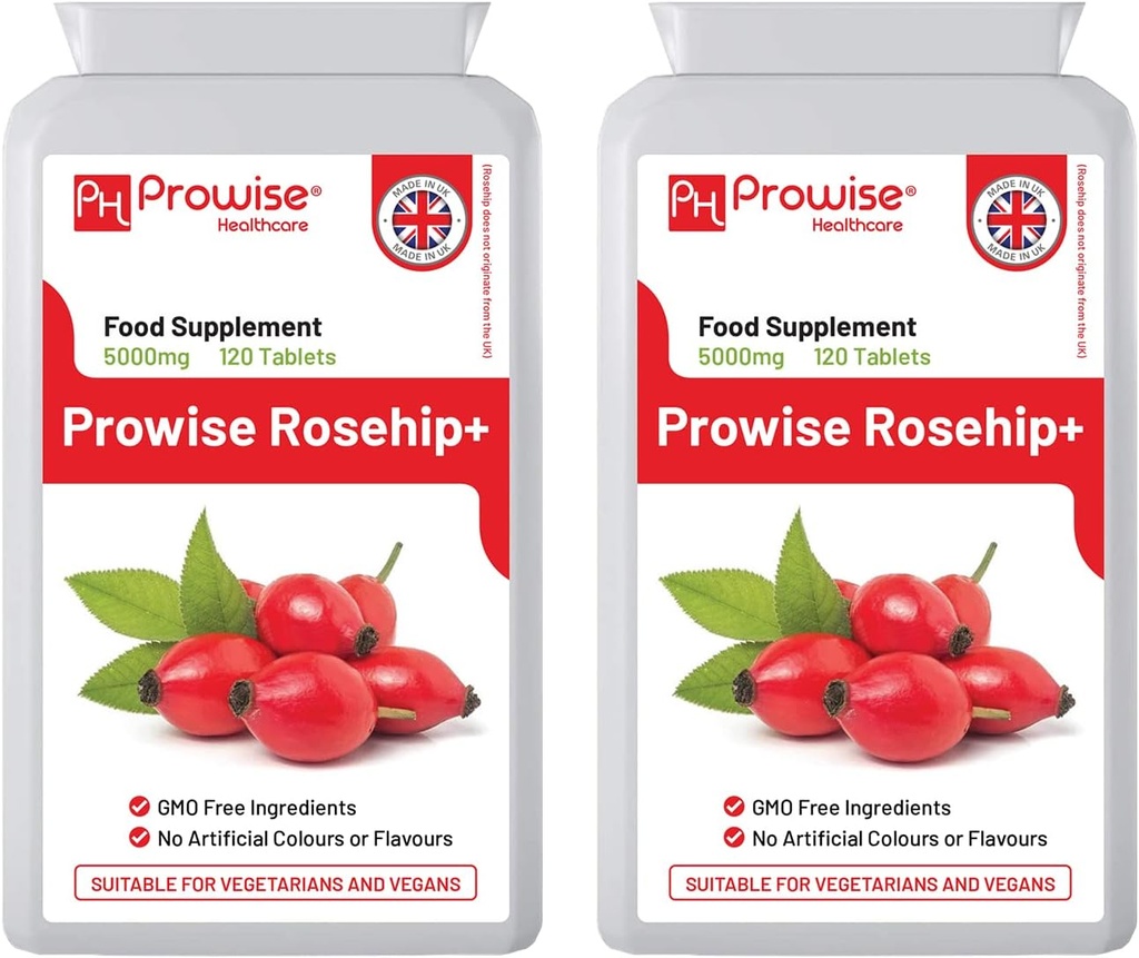 Rosehip Health + (opakowanie po 2) 5000mg 120 tabletek - UK Productured GMP Gwarantowana jakość - Nadaje się dla wegetarian i wegan Prowise Healthcare
