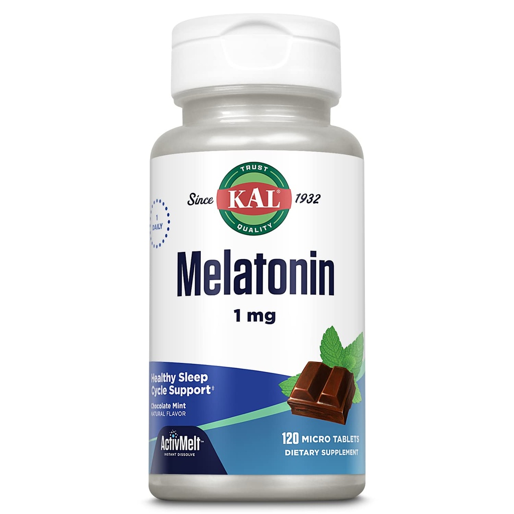 KAL Melatonina 1 mg Sleep Aid, Melatonina Suplement wspomaga relaks uspokajający i zdrowy cykl snu, szybko rozpuszcza ActivMelts, Natural Chocolate Mint Flavor, Wegetarianin, 120 Serv, 120 Micro Tabs
