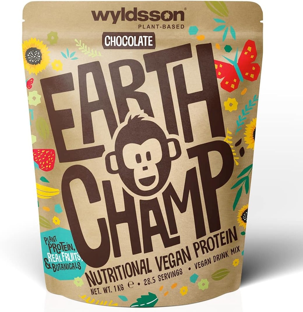 Wegańskie proszki do protein (1kg) - 28 Servings - EarthChamp by Wyldsson - Plant Based Chocolate Protein Powder Shake - Dairy Free - Laktoza Free (Choc)