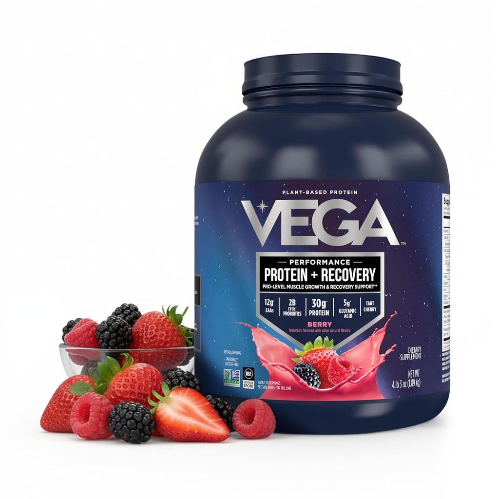 Vega Sport Vegan Protein Powder + Odzysk - 30g Białko roślinne na Serving, Berry, 45 Służenia, 5g BCAA, Probiotyki, NSF Certified, Dla Shakes & Smoothies, 4.2lbs (Packaging May Vary)
