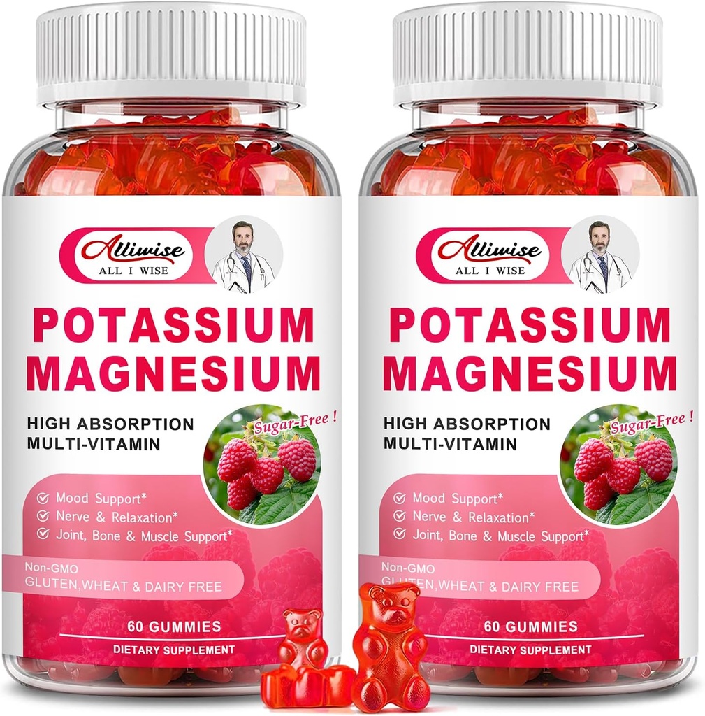 2 Pack Potasu Magnezu Suplement Gumiaki - Cytrat potasu i glicynian magnezu do skurczy nóg i mięśni, nastrojów i relaksacji, Wsparcie energetyczne z witaminy B6, D3, C Malina Flavor