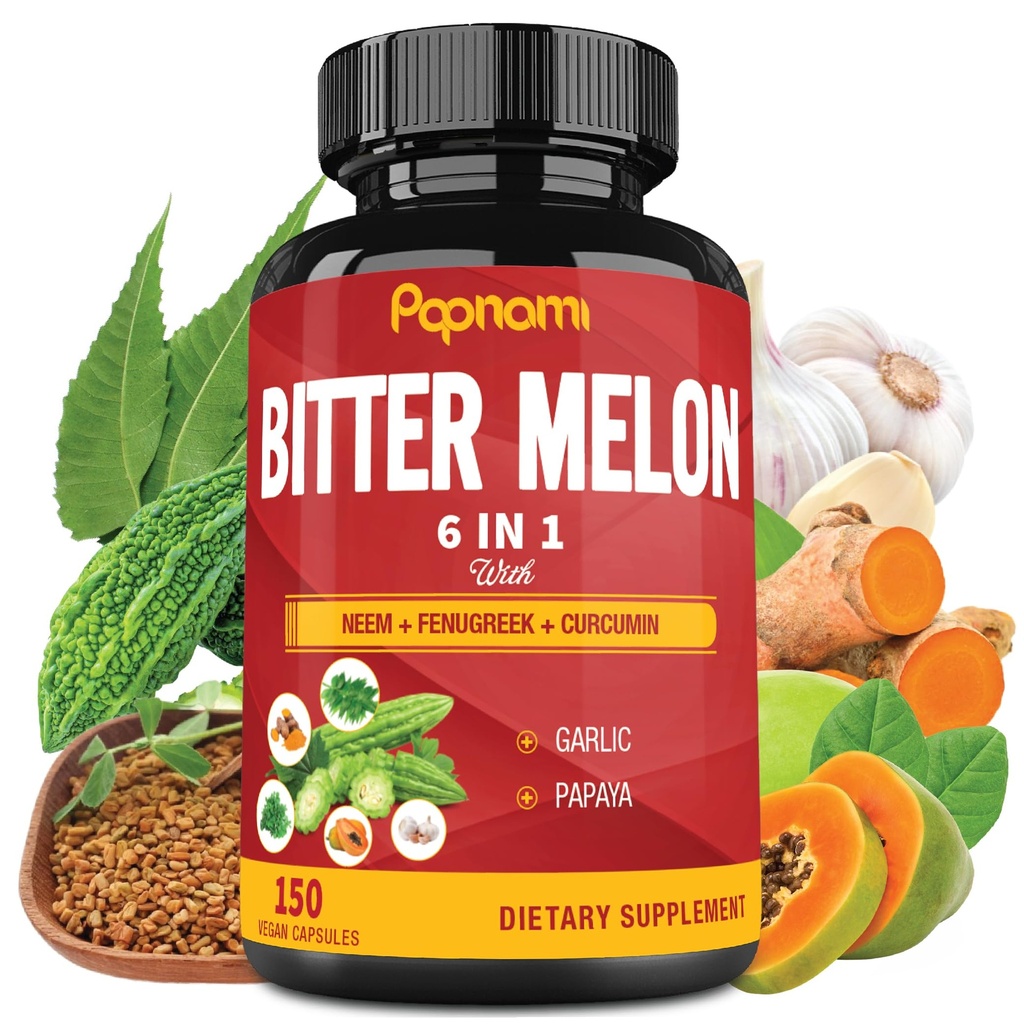 Organiczne Gorzkie Melon Extract Kapsułki - Połączone Neem, Kozieradka, Kurkumina, Czosnek & Papaja - 150 Count for 5 Miesiące - Wspiera ciało, Digestive, Skóra, Immune & Ogólny Wellness