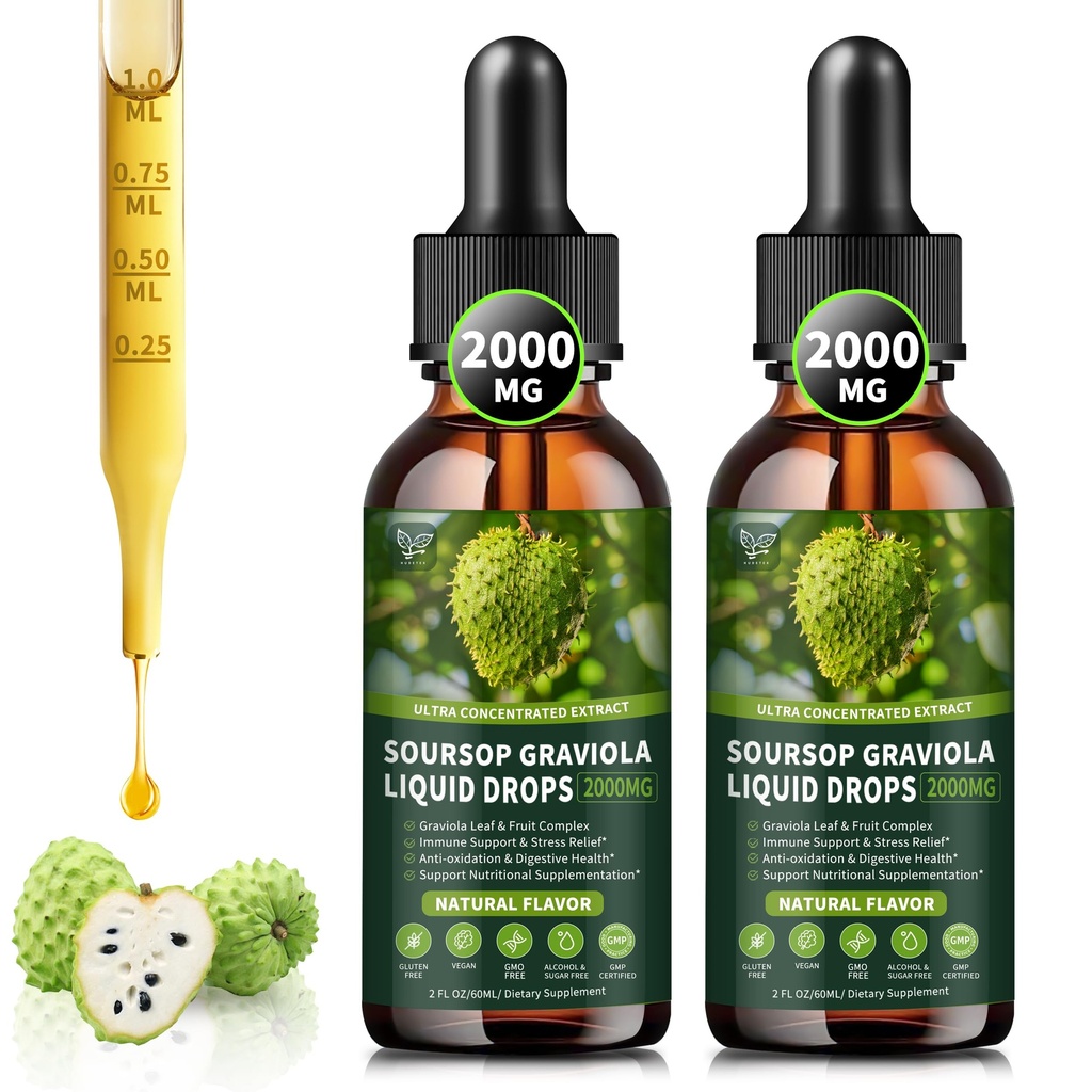 (2 Pack) Soursop Graviola płynne krople 2000mg, 98% Wchłanianie dla wsparcia i regeneracji komórek, Immune Boost, Wątroba, Ziołowy Dobroć, Soursop Bitters Liquid- Sugar / Gluten Free, Natural Flavor, 4 Fl Oz