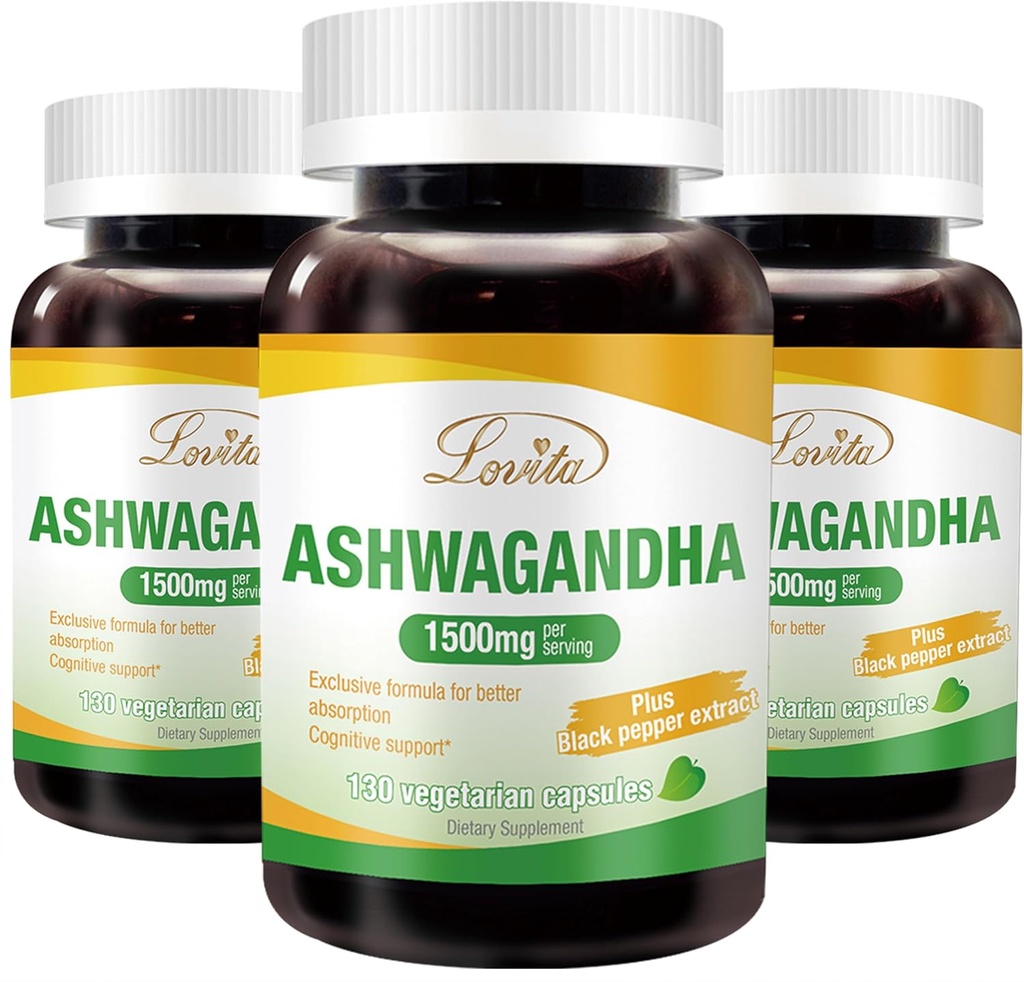 Lovita KSM- 66 Ashwagandha 124; Wysoko skoncentrowane 124; 5% Withanolide 124; 95% Black Pepper Piperine 124; Stress Relief & Energy Support 124; Vegan, Gluten Free 124; 130 Kapsułki (Opakowanie 3)