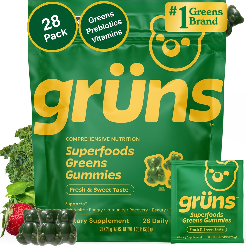 Gruns Adult Super Zielone Gummies Multivitamin, Superfood Gummy Witaminy dla kobiet i mężczyzn z Spirulina, Chlorella, Adaptogens & Fiber prebiotyczny dla zdrowia trawiennego (28 Count)