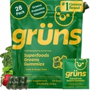 Gruns Adult Super Zielone Gummies Multivitamin, Superfood Gummy Witaminy dla kobiet i mężczyzn z Spirulina, Chlorella, Adaptogens & Fiber prebiotyczny dla zdrowia trawiennego (28 Count)