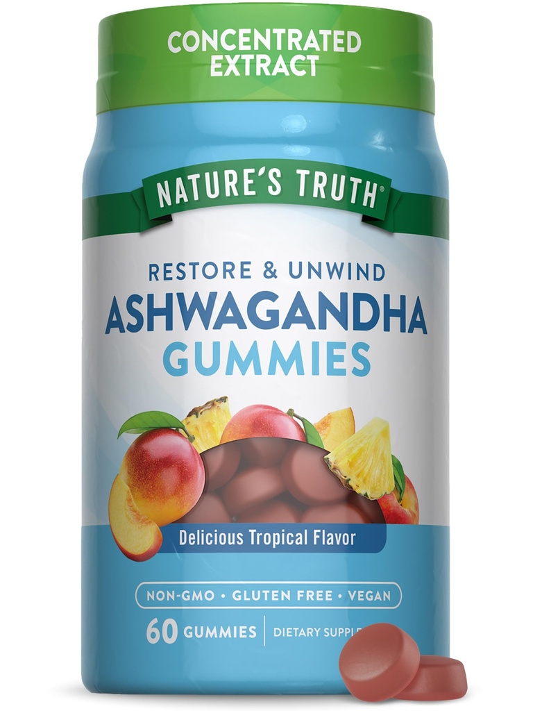 Nature 's Truth Ashwagandha Gummies Birth124; 60 Count 124; Tropical Flavor Birth124; Vegan, Non-GMO, & Gluten Free Supplement