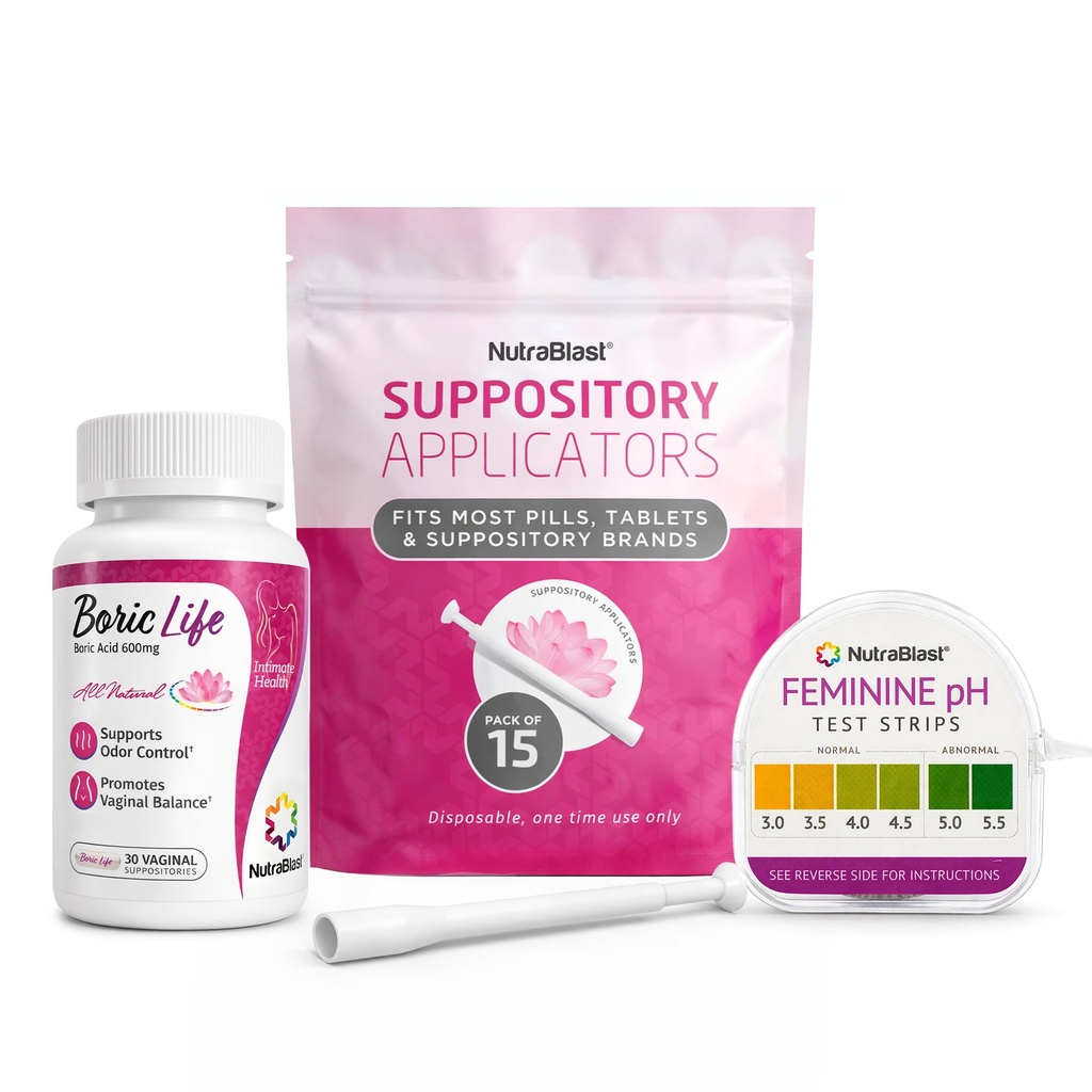NutraBlast Kwas borowy Poduszki pochwowe 600mg (30 Count) w / Jednorazowe aplikatory wspomagające pochwy (15- Pack) i test pH żeńskiego paski 3.0- 5.5 (100 Tests Roll)