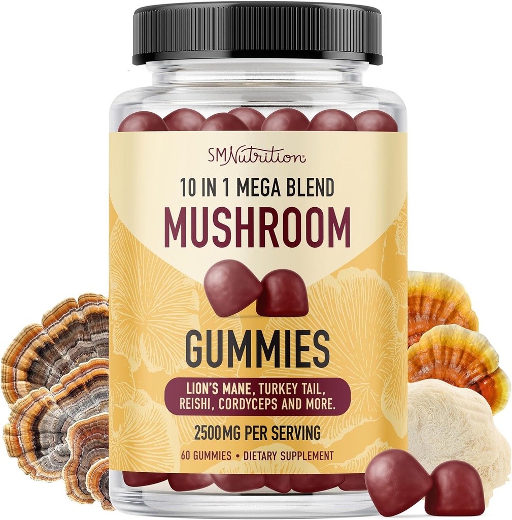 Mushroom Gummies for Adults | with Lions Mane, Turkey Tail, Reishi, Cordyceps, Chaga & Maitake | Nootropic Mushroom Supplement | Support Cognitive Function & Immune Health | Raspberry Flavor | 60ct