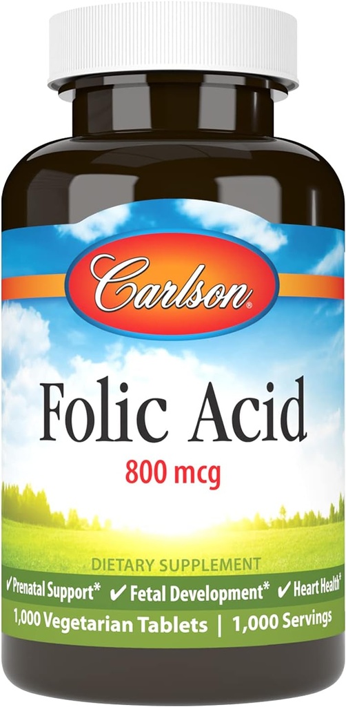 Carlson - kwas foliowy, 800 µg, zapewnia ważne wsparcie dla prenatalnego, 1000 tabletek