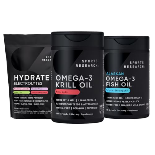 Sport Badania Antarktyka Kryl Omega 3 Mini- Softgels 500mg z fosfolipidami, Cholina, Astaksantyna, Triple Siła Omega 3 Burpless Fish Oil 1250mg, Sugar Free Multi Flavor Hydrate Electrolytes