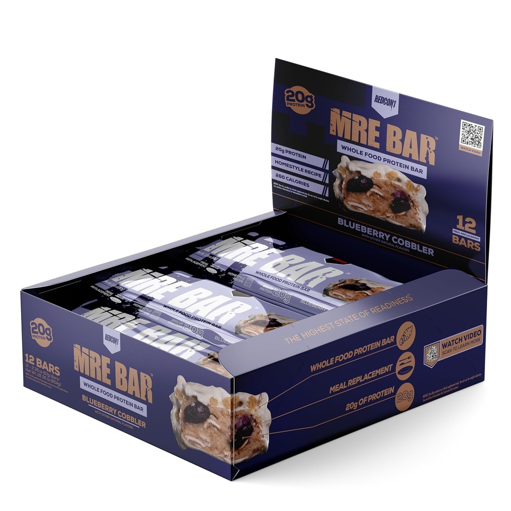 REDCON1 MRE Protein Bar, Blueberry Cobbler - Zawiera MCT Oil + 20g całego białka żywności - łatwo digestible, Makro Balanced niski cukier Meal Replacement Bar (12 barów)