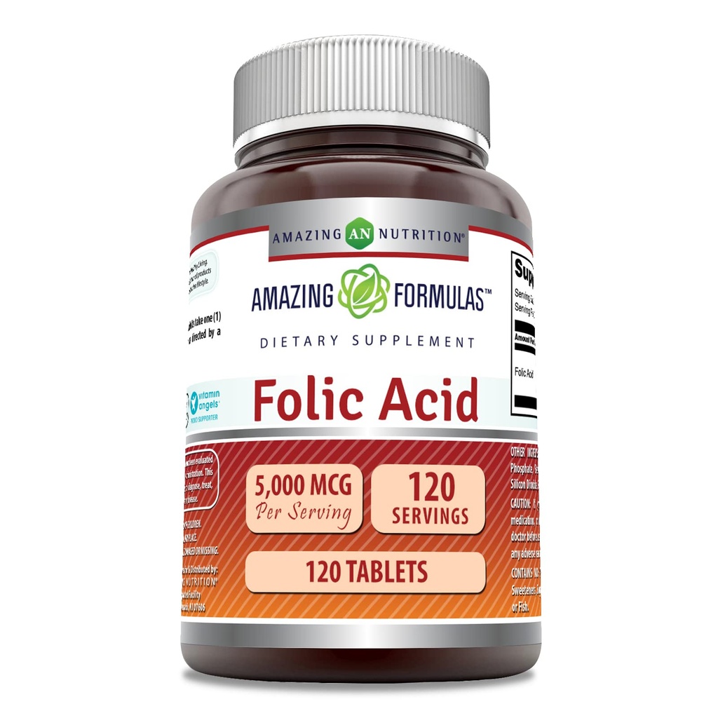 Amazing Supples Folic Acid (Witamina B9) Supplement Equipment 124; 5000 Mcg per Serving Equipment 124; 120 Tablets Equipment 124; Non-GMO Equipment 124; Gluten- Free Equipment 124; Made in USA