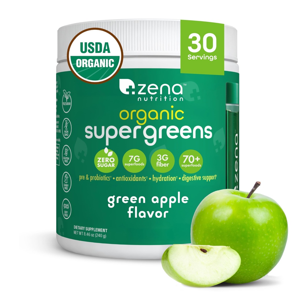 Zena Nutrition Organic Super Zielonych Proszek, 70 + Superfoods, 0 Cukier, 3G Fiber, Spirulina, Chlorella, Grzyby, Prebiotyki / Probiotyki, Żywice Enzymy dla Gut zdrowia, Zielone jabłko, 30 Służenia