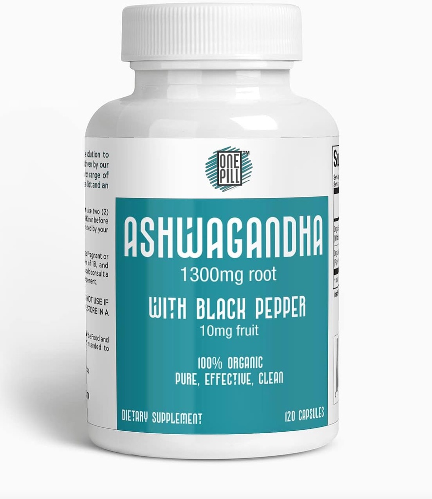 ASHWAGANDHA 1300 mg organicznego korzenia z czarnym pieprzem. Stres naturalny i suplement pomocy nastrojów 120 kapsułki