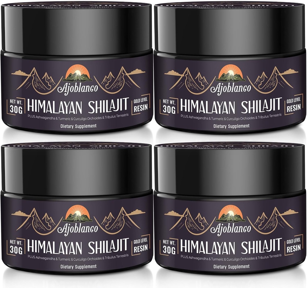 Ajoblanco 600mg Natural Himalayan Organic Shilajit Resin - Himalayan Gold Shilajit Resin z organicznym mieszanką Ayurvedic w wysokiej mocy dla energii, Siła i odporność, Opakowanie 4