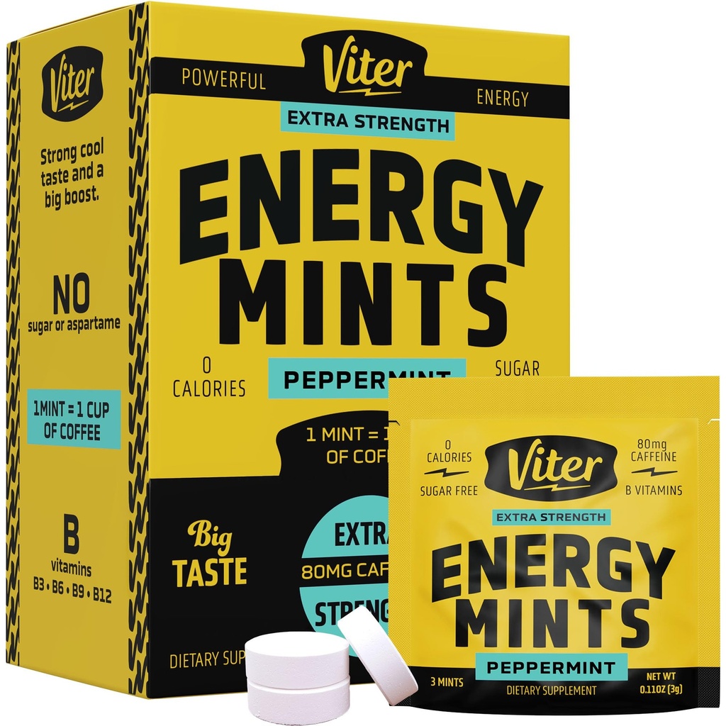 Mieszanki kofeiny Viter Energy 80mg Extra Strength - 90 kawałków kofeiny z witaminami B. Sugar Free Vegan Breath Mint. Energize Nootropic Focus Booster for Fast Alertness (Peppermint Flavor, 30 Pack)