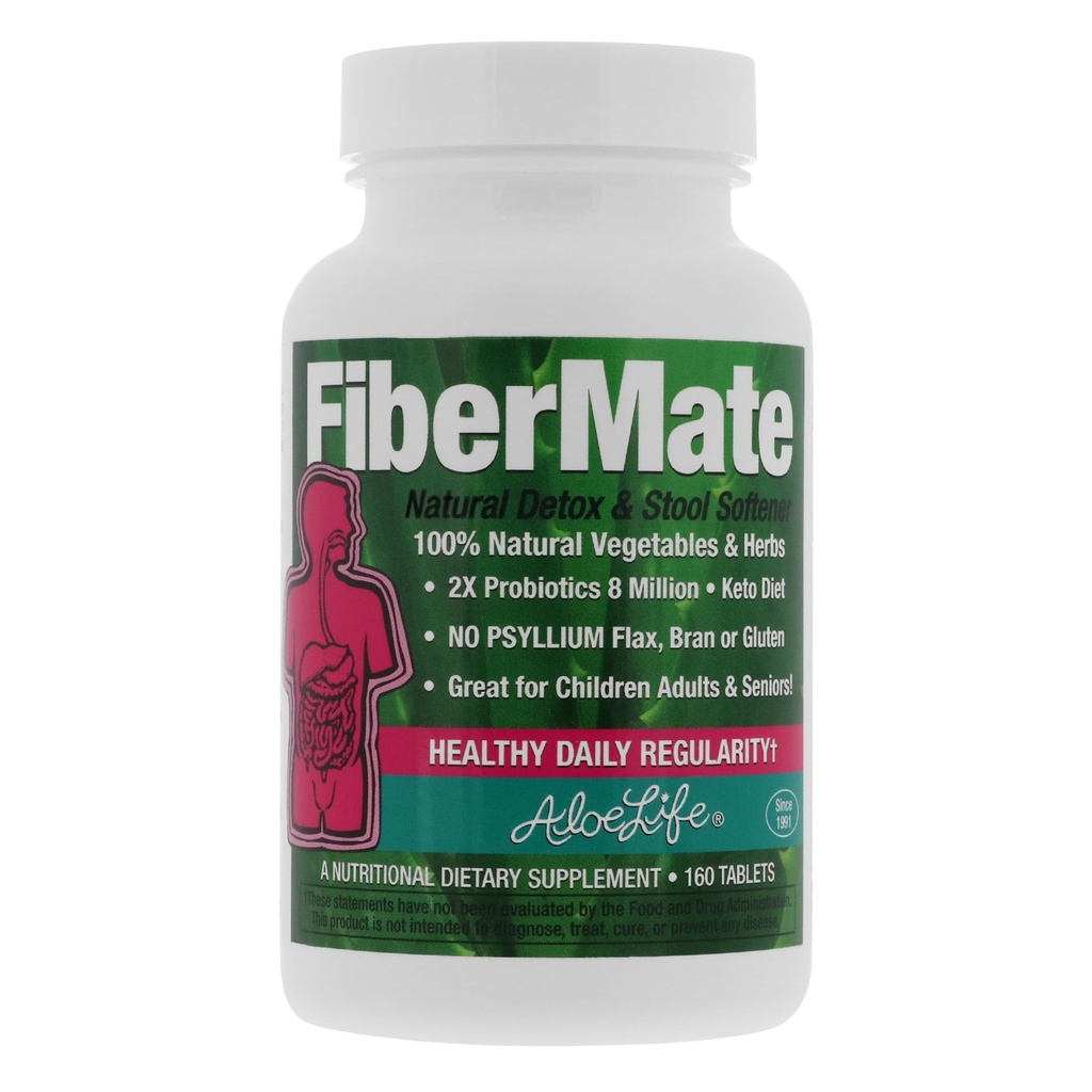 Aloe Life - FiberMate Tablets, Body Detox & Stool Softener, Warzywa & Zioła, Delikatne Nieregularność Relief, Bezpieczne wsparcie pokarmowe, No Psylium lub Otręby, Gluten- & Dairy- Free (160 Tabletki)