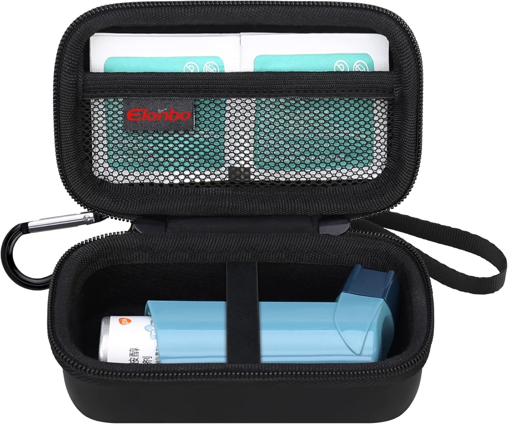 Elonbo Astma Inhaler Case, Travel Organize Holder Bag for Ventolin Inhaler, Extra Interior Mesh Pocket Fits Astma Mediction, Black + Inside Black (SPRAWA TYLKO! Lek Inhaler nie zawiera)