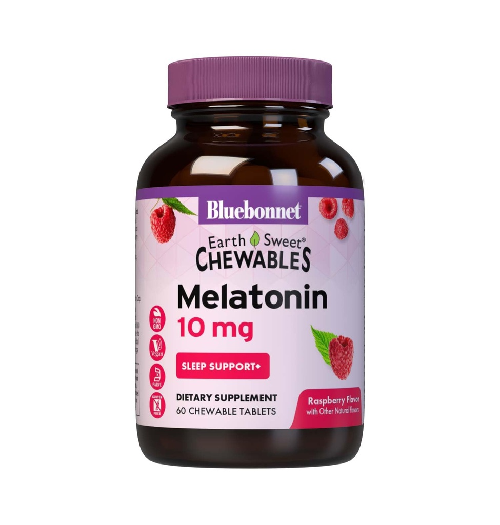 BlueBonnet Nutrition EarthSweet Melatonin 10 mg Szybkie szybkie rozpuszczanie relaksacji nocnej i Resteful Sleep Support - Sleep Aid - Gluten- Free, Vegan - Malina Flavor - 60 tabletek do żucia