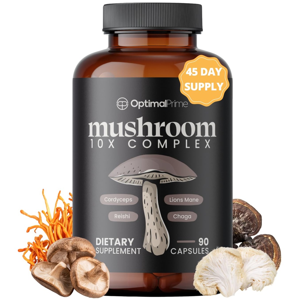 Optimal Prime 10x Mushroom Complex Supplement - Lions Mane, Cordyceps, Turcja Tail for Immunity, Energy, Mood, Focus - Natural Health Booster, 90 Caps