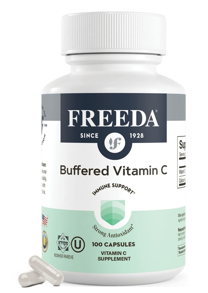 FREEDA Buforowana witamina C 500mg - Askorbinian wapnia nieacydyczny - Wsparcie immunologiczne i przeciwutleniacz - Kosher, Delikatnie na żołądku - 100 Kapsułki