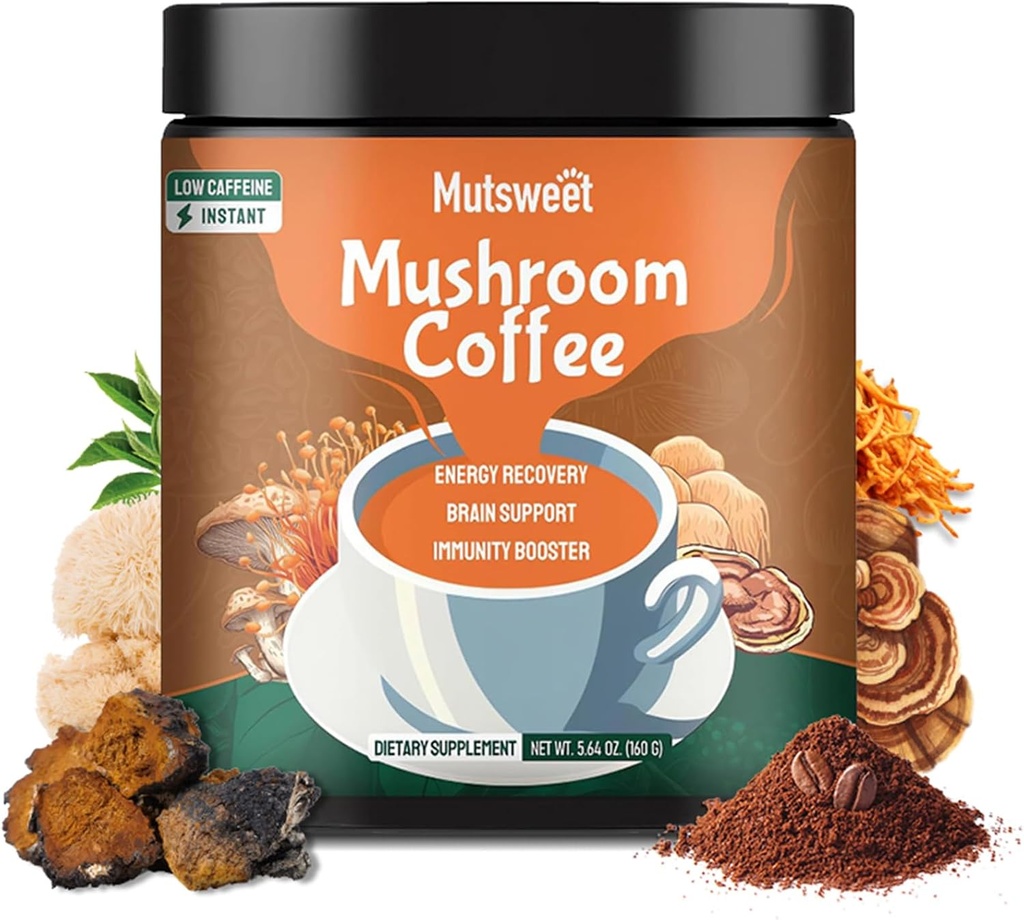Grzyb Kawa Dekofa, Zaawansowany 13 w 1 Grzyb Proszek z Lwy Mane, Cordyceps, Chaga, Reishi, Natychmiastowy suplement kawy z Adaptogens Rhodiola dla immunologicznego, Skup, Energia 124; Wegan