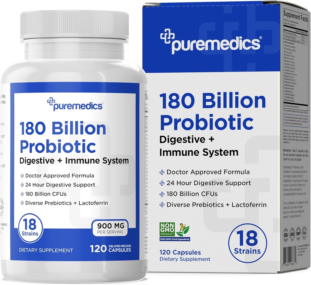 Wybór Formuły Probiotyki 180 Miliard CFU - 18 Szczepów + Laktoferryna + Prebiotyki - Immune, Digestive & Gut Health - Zaparcia, Biegunka, Gaz & Bloating - dla kobiet i mężczyzn - 120ct