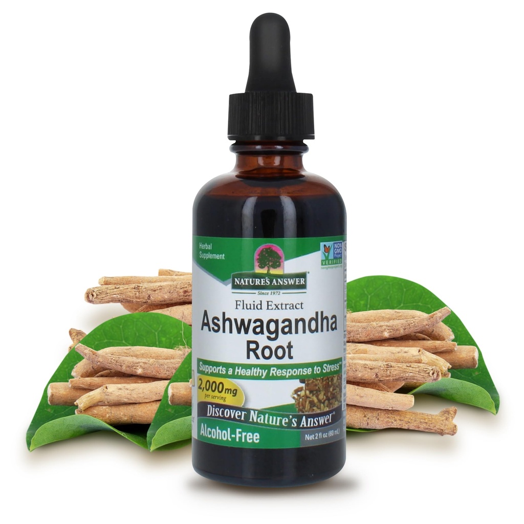 Odpowiedź natury Ashwagandha Korzeń 124; Suplement ziołowy utrzymać zdrowe funkcje immunologiczne 124; Wspiera ciało przeciwko stresowi 124; Gluten- Free, Alkohol-Free & Vegan 2oz