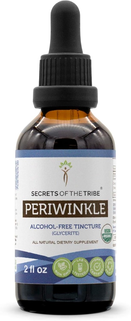Secrets of the Tribe Periwinkle USDA Organic Equipment 124; Alcohol- Free Extract, High- Potency Herbal Drops Equipment 124; Made from 100% Certified Organic Periwinkle (Vinca Major) Dried Herb (2 oz)