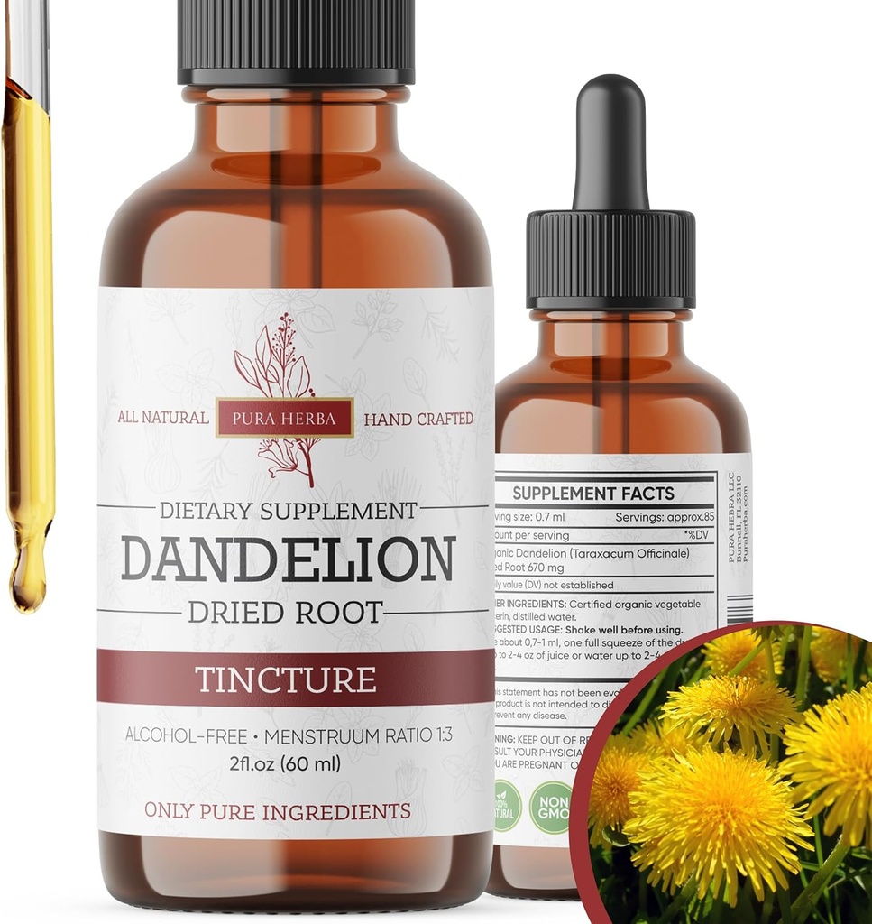 Dandelion Root Tincture 2 oz - Ekstrakt ziołowy wolny od alkoholu - 670 mg na jedną porcję - Glycerin-Based, Wegan, Non-GMO, No Added Sugar - Dandelion Drops Liquid Supplement