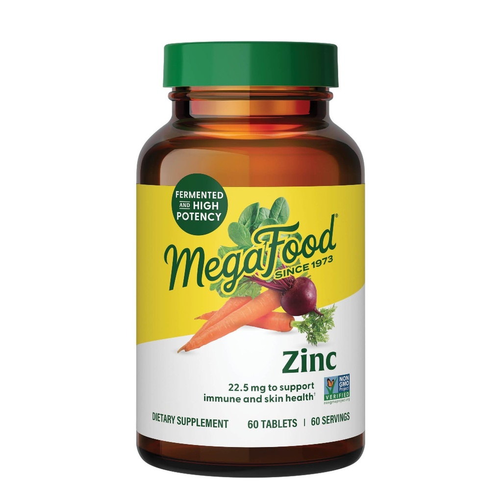 MegaFood Cynk Suplement - Wegański suplement wsparcia immunologicznego z 22,5 mg Wysokiej mocy Fermented Cynk - Made With Real Food - Gluten- Free, Kosher - 60 Tablets, 60 Servings