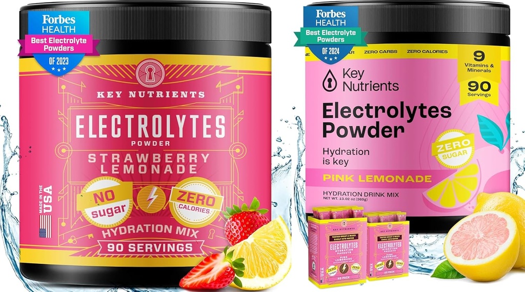 Numery KLUCZOWE Electrolytes & Multivitamine Hydration Powder Bundle - Juicy Truskawka Lemoniada & Świeże Różowe Lemoniady Electrolyte proszki (90 Słupki Każdy) - Cukier - Bez cukru, Keto- Przyjazny, Brak kaloryczności